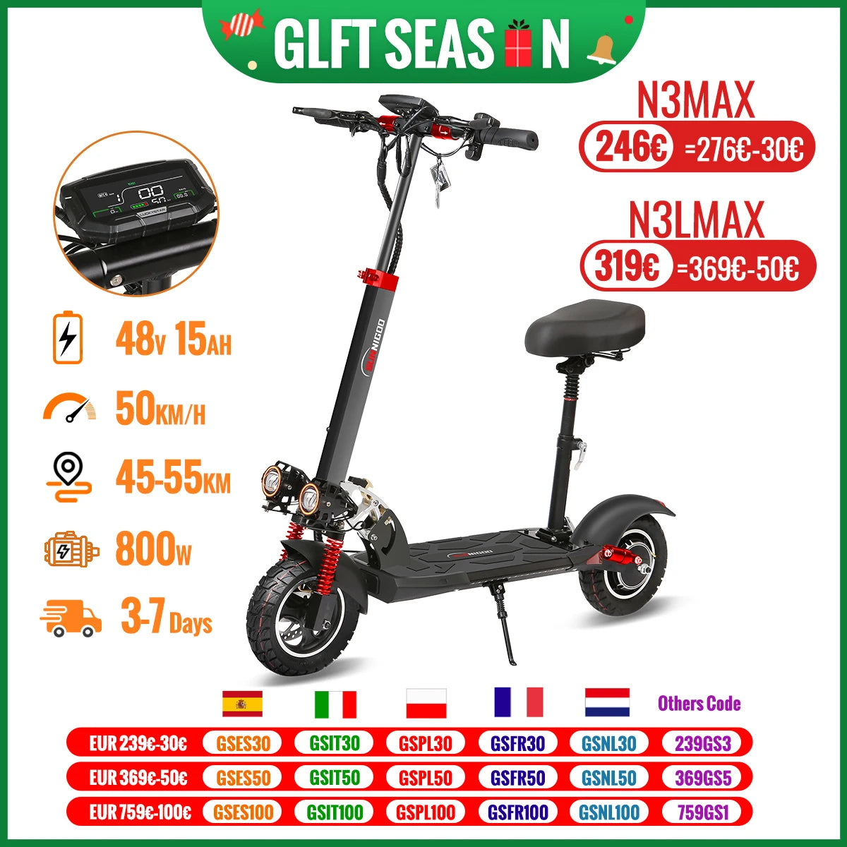 800W Powerful Electric Scooter 48V 15Ah Max Speed 50km/h 50km Range 10'' Tires Dual Shock Absorbing Folding EScooter for Adults