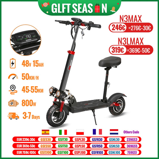 800W Powerful Electric Scooter 48V 15Ah Max Speed 50km/h 50km Range 10'' Tires Dual Shock Absorbing Folding EScooter for Adults