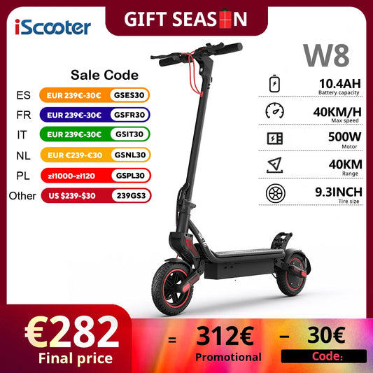 iScooter 9.3 Inch Electric Scooter W8 48V 10.4Ah Battery 500W Motor 30-40km Max Range 4-Speed Modes Off-Road Tire With App