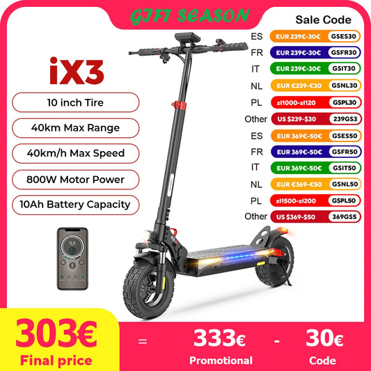 iScooter iX3 800W Powerful Electric Scooter 10inch Tubeless Off Road Tire Electric Kick Scooter 10Ah 40KM/H Scooter for Adults