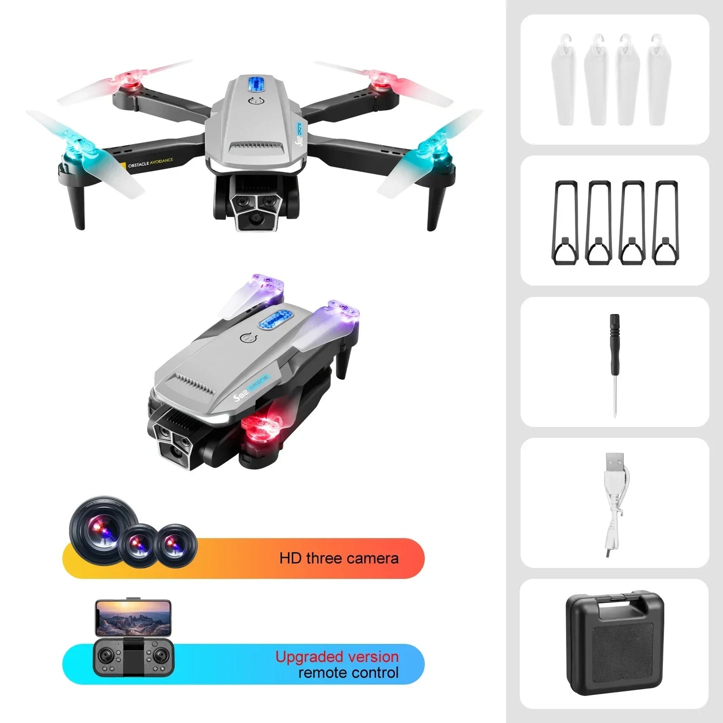 S82 Remote Control Drone 4K HD Triple Camera Aerial Photography Optical Flow Helicopter Obstacle Avoidance Remote Control Toy