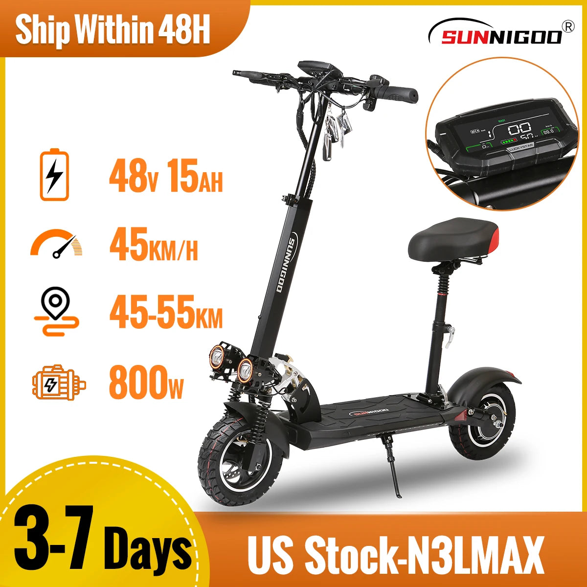 800W Powerful Electric Scooter 48V 15Ah Max Speed 50km/h 50km Range 10'' Tires Dual Shock Absorbing Folding EScooter for Adults