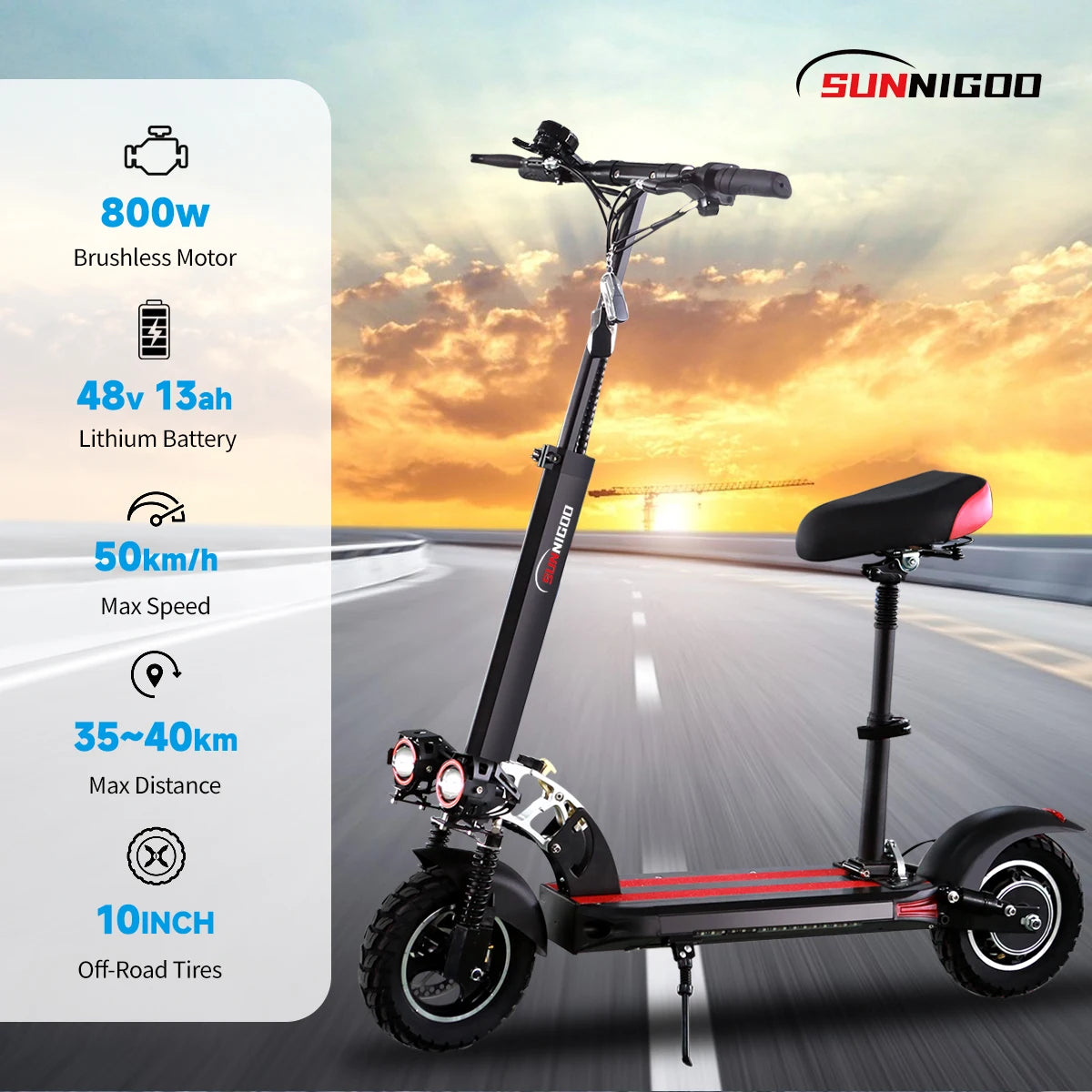 800W Powerful Electric Scooter 48V 15Ah Max Speed 50km/h 50km Range 10'' Tires Dual Shock Absorbing Folding EScooter for Adults