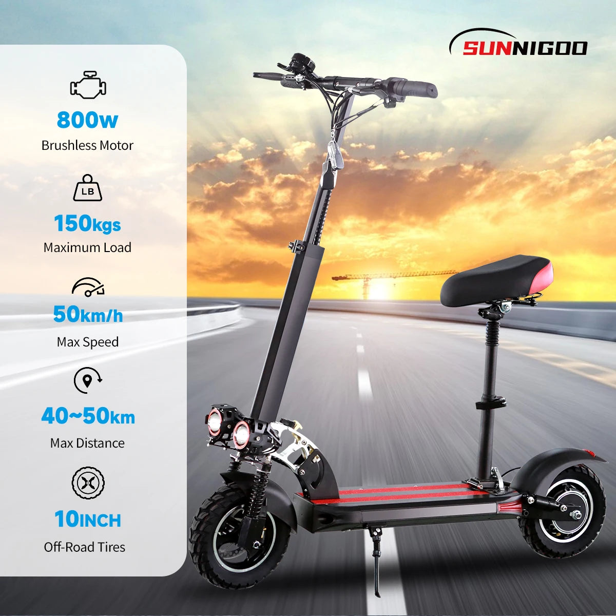 800W Powerful Electric Scooter 48V 15Ah Max Speed 50km/h 50km Range 10'' Tires Dual Shock Absorbing Folding EScooter for Adults