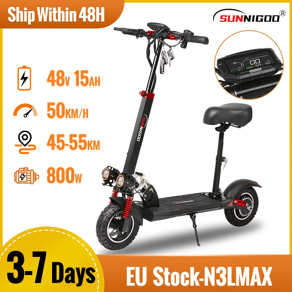 800W Powerful Electric Scooter 48V 15Ah Max Speed 50km/h 50km Range 10'' Tires Dual Shock Absorbing Folding EScooter for Adults