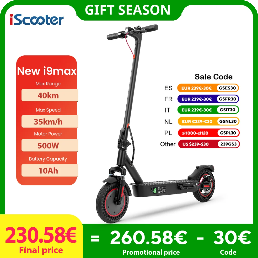 iScooter i9max Electric Scooter 500W 10inch Foldable Scooter 10Ah Electric Kick Scooter 40km Range eScooter 35km/h Speed WithAPP