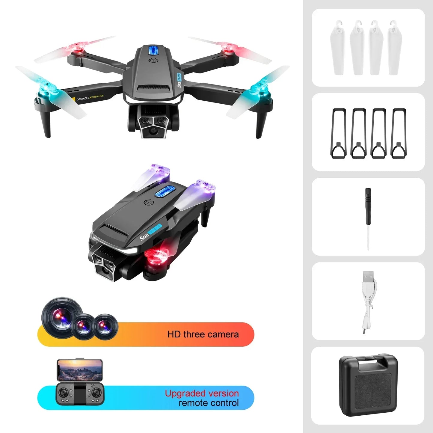 S82 Remote Control Drone 4K HD Triple Camera Aerial Photography Optical Flow Helicopter Obstacle Avoidance Remote Control Toy