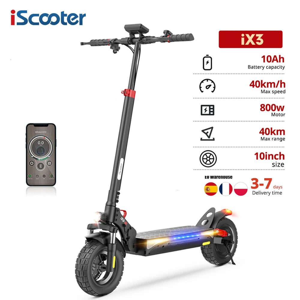 iScooter iX3 800W Powerful Electric Scooter 10inch Tubeless Off Road Tire Electric Kick Scooter 10Ah 40KM/H Scooter for Adults